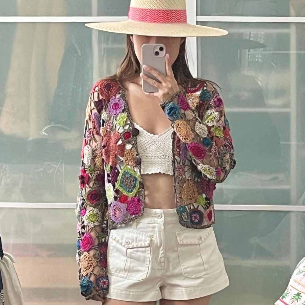 Marisa Christina hand crochet cropped cardigan with wooden buttons